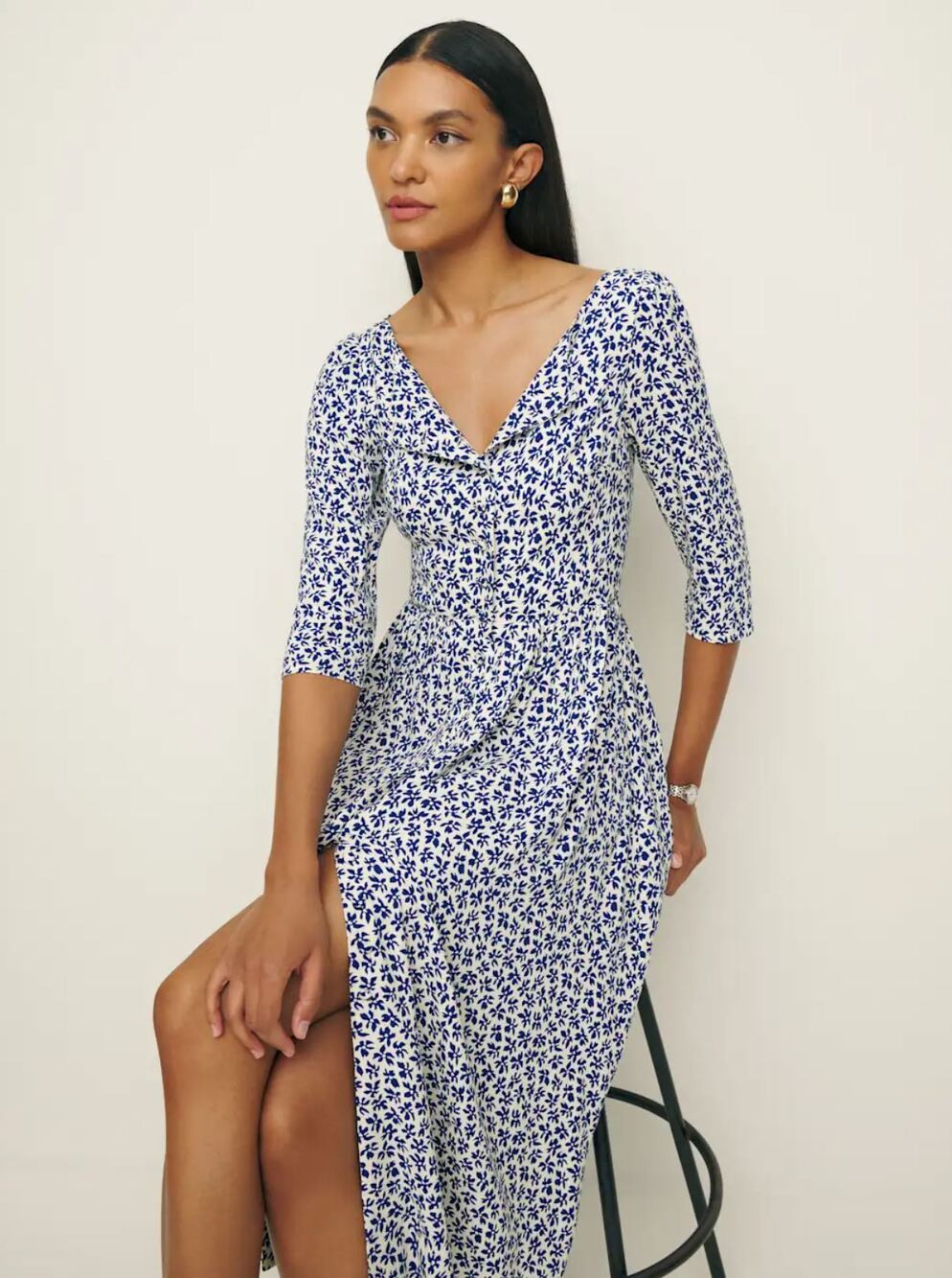 Reformation Adair Blue White Floral Button Front Midi Dress 12 Half Sleeve
